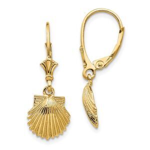 10mm Scalloped Shell Lever Back Earrings in 14k Yellow Gold